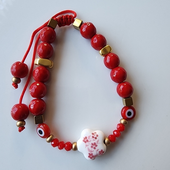 Handmade Jewelry - Red Beaded Bracelet with Floral Charm